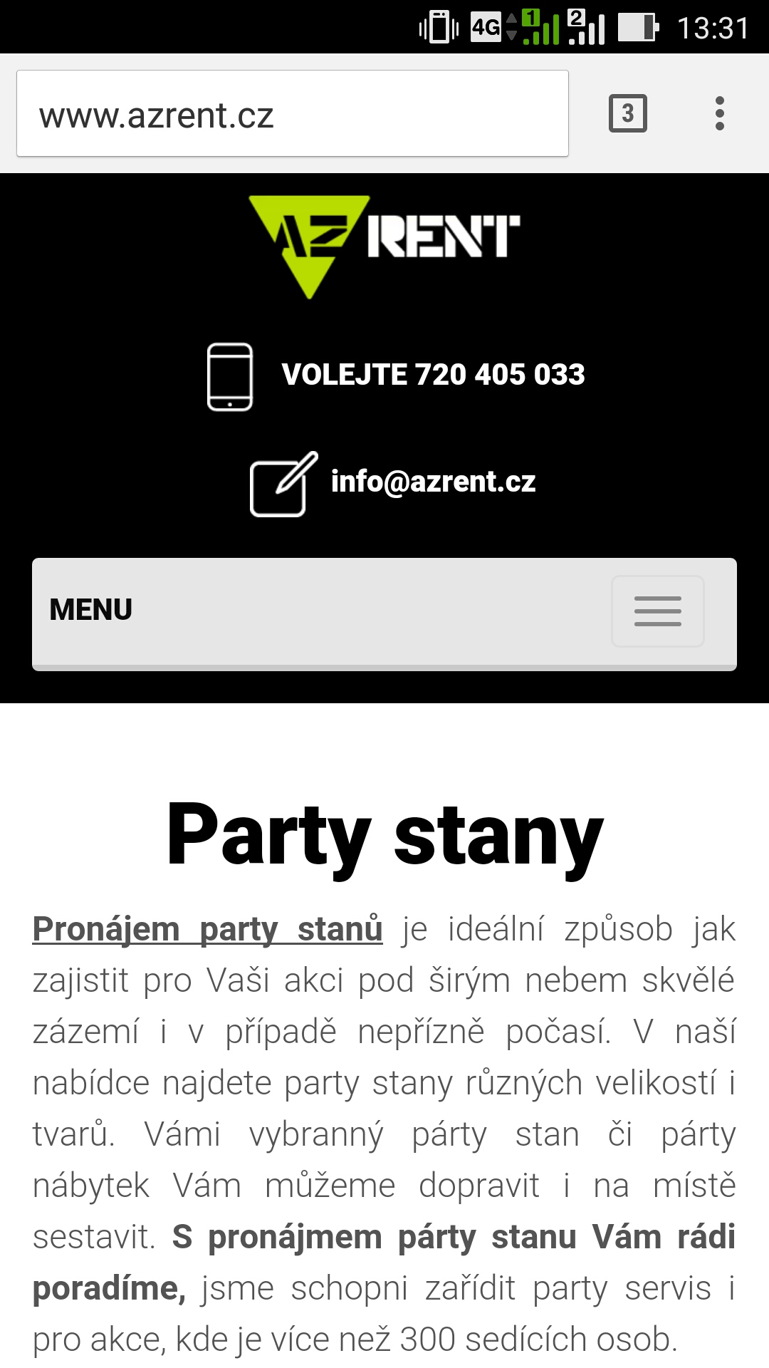 pronájem párty stanů - responsivní design